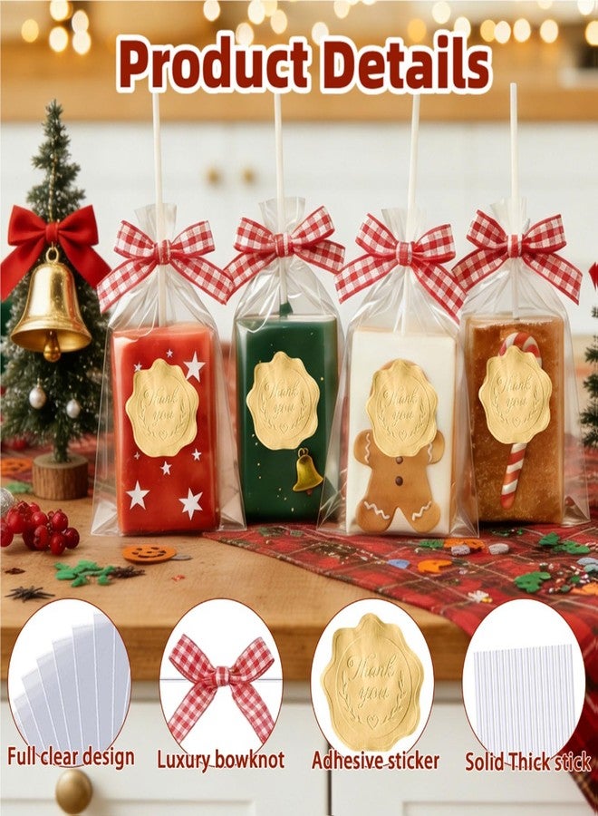 Treayes 100PCS Clear Rice Krispie Treat Bags with Ribbon Bow and Thank You Stickers, Flat Cellophane Bags for Individually Wrapped Cake Pops, Cakesicles, Candies, Chocolates, Marshmallow, Macarons, Cookies(Red Bow) - Image 3